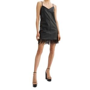 Lamarque Mollie Women's Faux Leather Feather Trim Sleeveless Slip Dress NWT